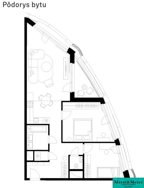 Floor plan of a 3-room apartment with a kitchen, living room, and bathroom.