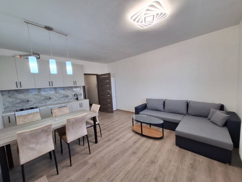 Living room of a two-room apartment with a corner sofa, dining table, and wooden decor flooring.