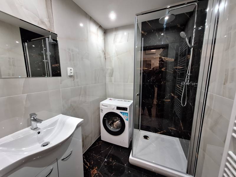 Bathroom of a 2-room apartment with a washing machine, shower, and sink with black tiles.