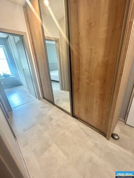 A hallway with a wooden decor floor and a built-in wardrobe in a 2-room apartment.