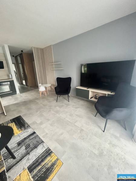 Living room in a 2-room apartment with a TV, wooden decor flooring, and black armchairs.