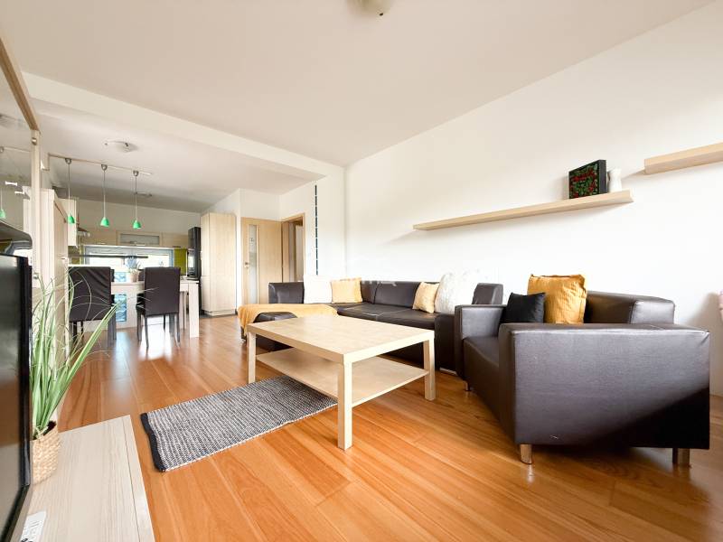Living room in a two-room apartment with a sofa, table, and floor with a wooden decor.