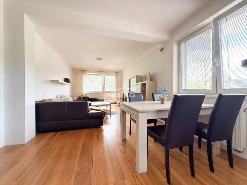 Dining room and living room in a 2-room apartment with wood-patterned flooring and large windows.