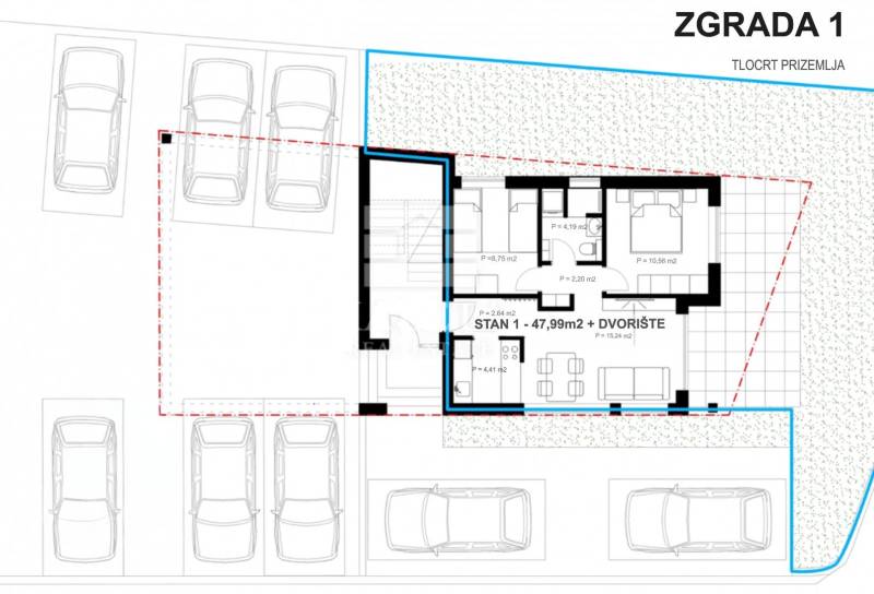 Floor plan of a 2-room apartment with parking and a garden, depicted both positionally and in terms of area.