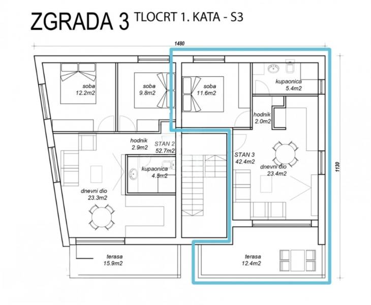 Floor plan of a two-room apartment with a bedroom, living room, and terrace.