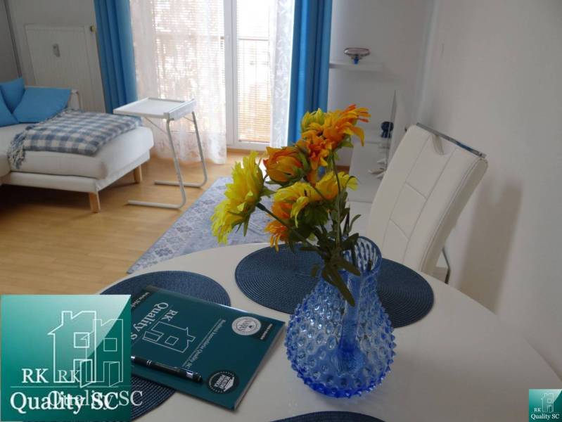 Interior of a 1-room apartment with flowers in a vase on the table and a sofa.
