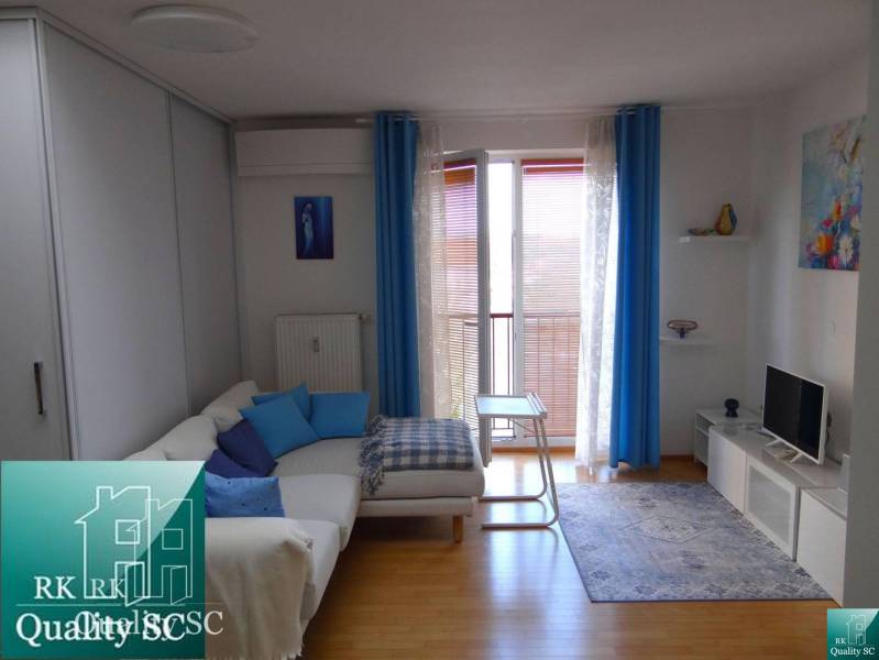 A bright living room with blue curtains and a wood-patterned floor in a studio apartment.