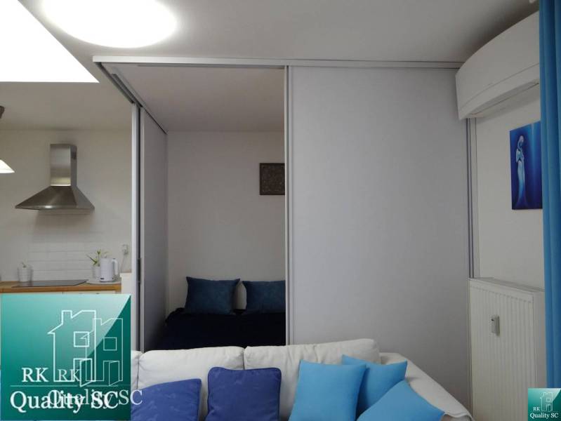 1-bedroom apartment with a kitchenette and a bed, floor with wooden decor.