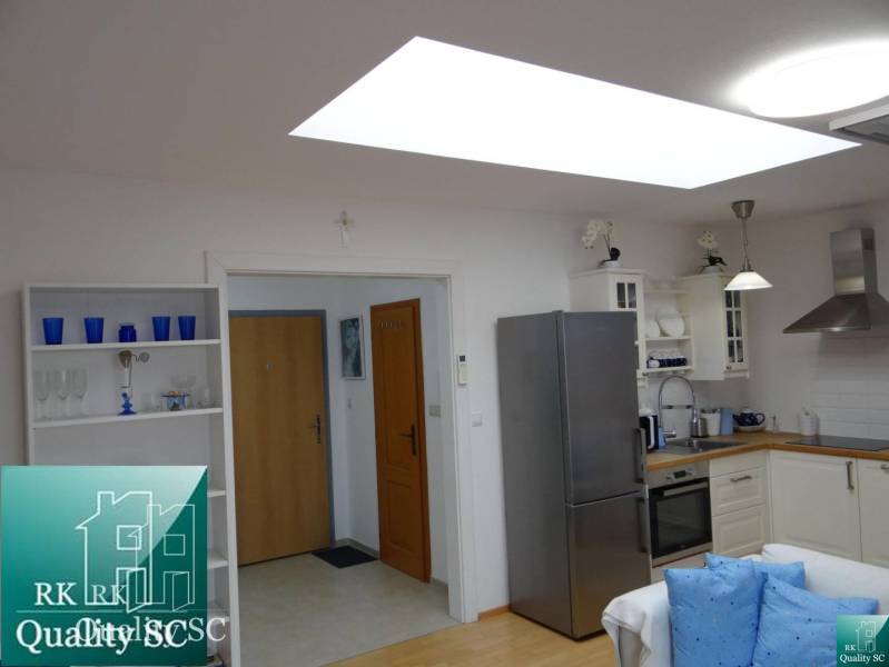 A kitchen in a studio apartment with decorative shelves and a wooden-patterned floor.