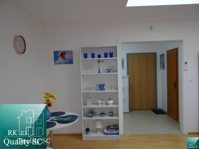 Interior of a 1-room apartment with a shelf, clock, painting, and floor with a wooden decor.