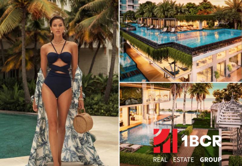 A woman in a swimsuit by the pool, apartment construction in Pattaya, luxurious setting with palm trees.