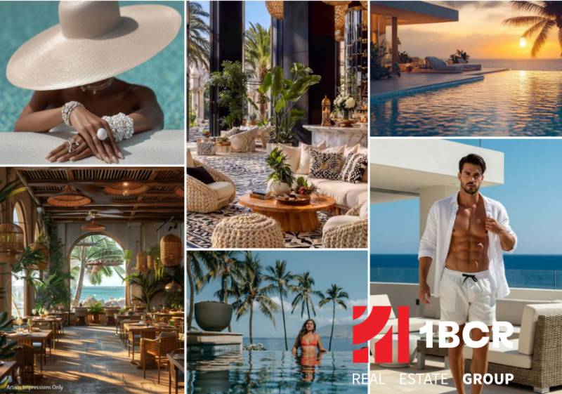 Luxury exteriors and interiors in the construction of apartments in Pattaya, including swimming pools and palm gardens.