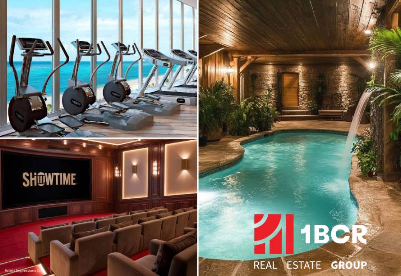 The apartment complex offers a fitness center with an ocean view, a cinema, and an indoor pool in Pattaya.