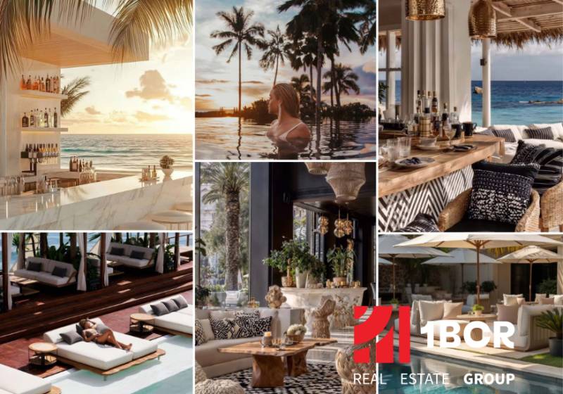 Luxury beach resorts and comfortable loungers, apartment construction near the ocean in Pattaya.