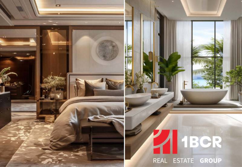 Luxury bedroom and bathroom in a two-room apartment with wood-patterned flooring.