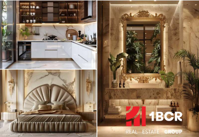 Luxurious interior of a 2-room apartment with decorative golden elements, exotic plants, and a floor with a wooden decor.