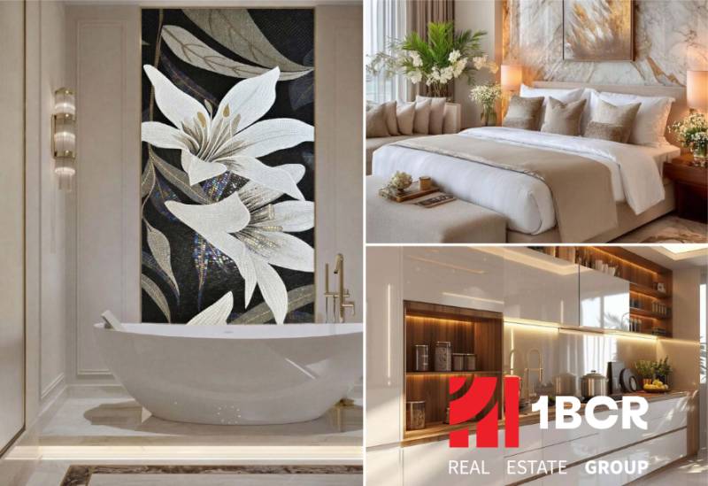 Luxury bathroom with mosaic, cozy bedroom, and modern kitchen in a 2-room apartment.