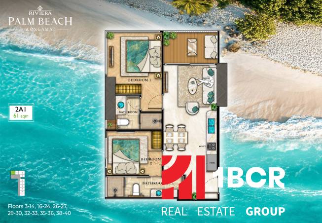 Floor plan of a 3-bedroom apartment with two bedrooms and two bathrooms, with a beach view.