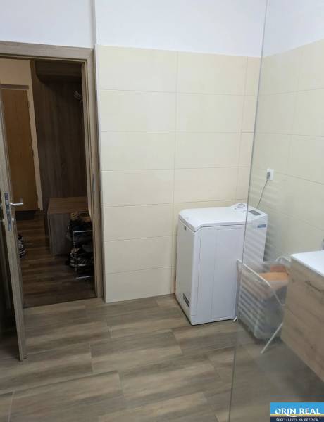 Bathroom in a 2-room apartment with a washing machine and a wooden decor floor.