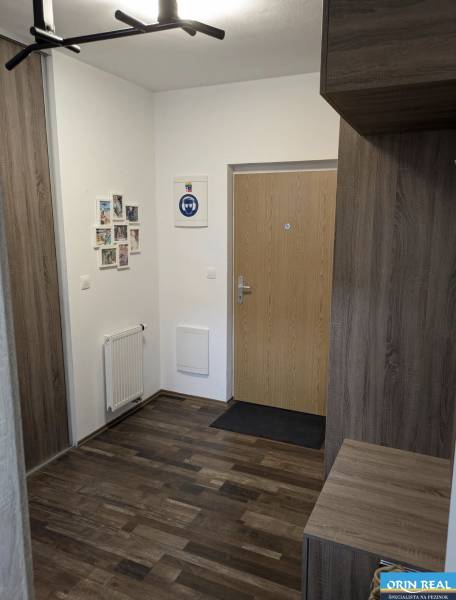 Hallway in a 2-room apartment with a wooden decor floor and wall decorations.