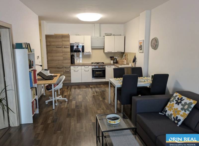 Living room with kitchen and dining area in a two-room apartment. Floor with wood decor.