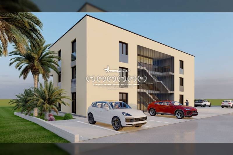 A modern building with palm trees and parking for two cars on Nin Street in the city of Nin.