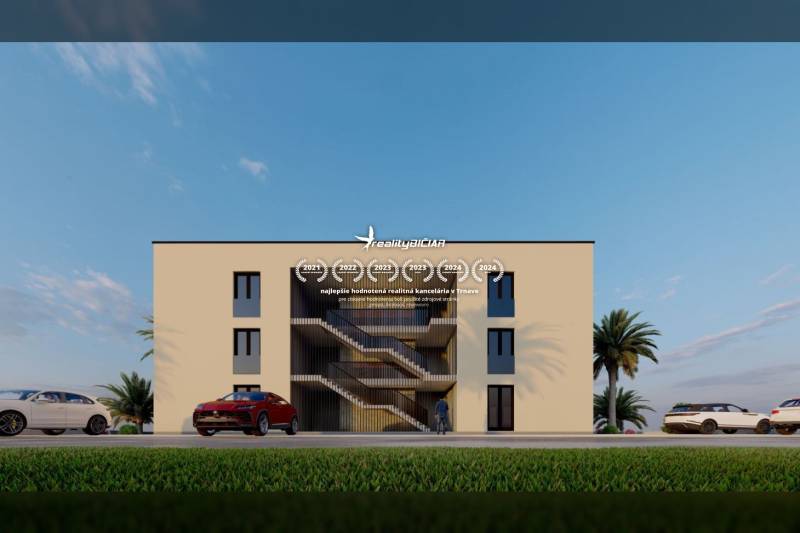A building in Nin with a parking lot, palm trees, and a modern facade on a postcard.