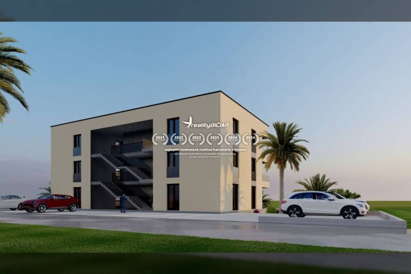 A building in the exterior in the city of Nin, surrounded by palm trees and parked cars.