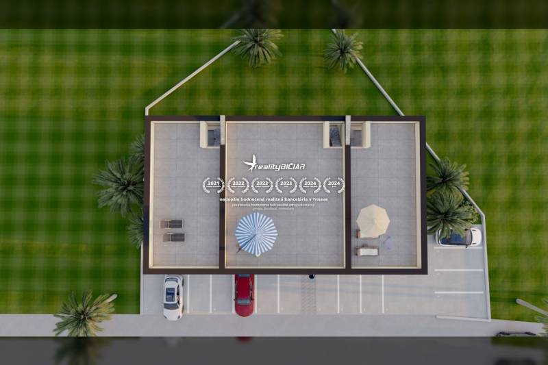 A view from above of a building with a roof with two terraces and parked cars.