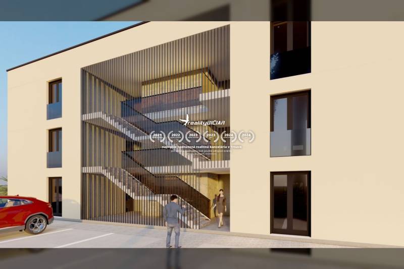 Exterior of a building with a modern staircase and a parked car, suitable for 2-bedroom apartments.