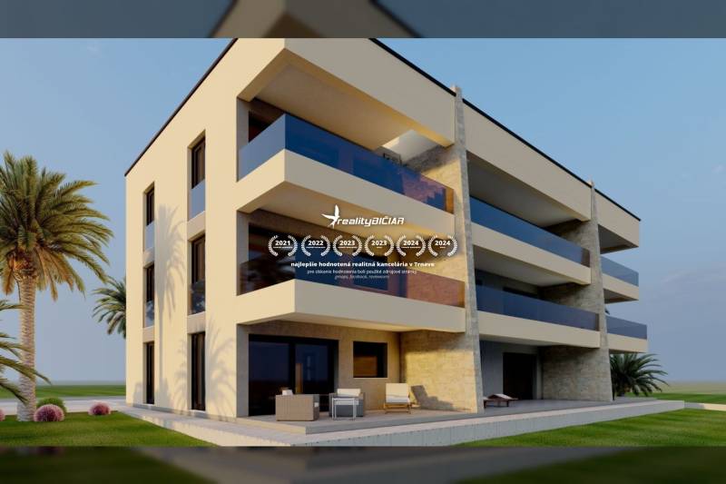 A modern building with large balconies surrounded by palm trees.