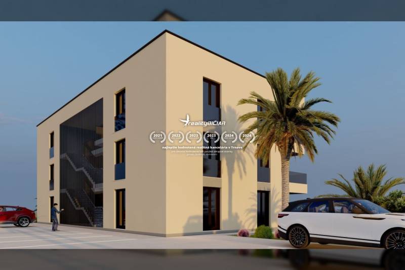 A building with palm trees and cars on Nin Street in the city of Nin offers a 2-room apartment.