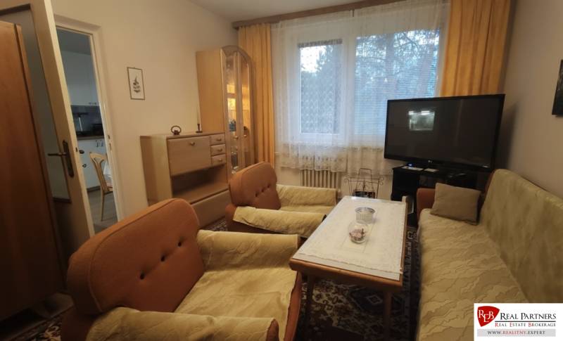Living room in a two-room apartment with retro furniture and a television.