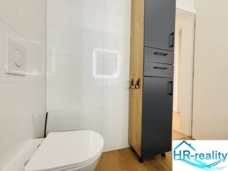 Recreational apartment with a toilet, cabinet, and wooden decor flooring.