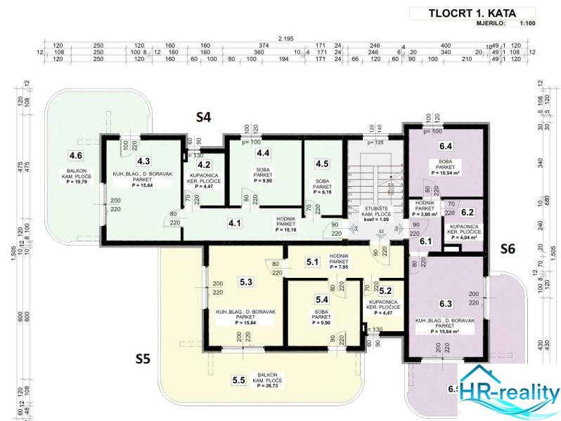 Floor plan of the first floor of a recreational apartment with balconies and wood-patterned flooring in Povljana.
