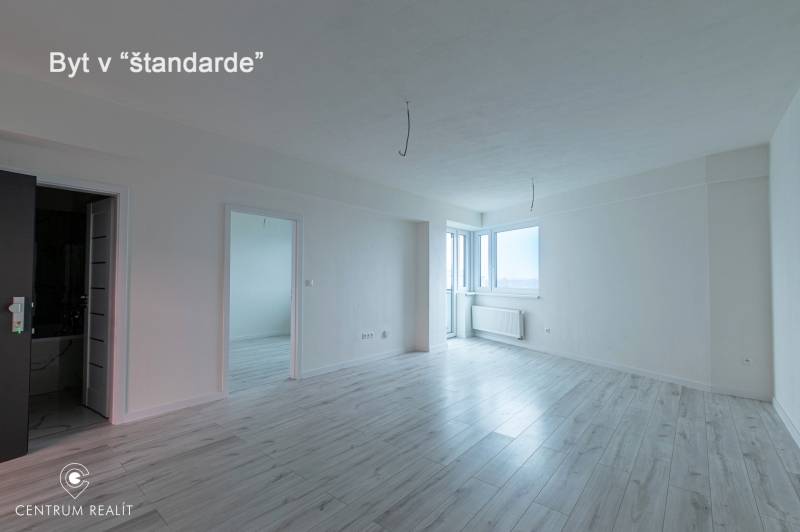 Living room with wood-patterned flooring in a standard two-room apartment.