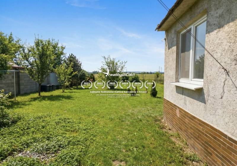 The garden of a family house in Siladice surrounded by trees and lawn.