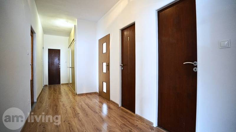 A hallway in a 3-room apartment with a wooden decor floor, white walls, and wooden doors.