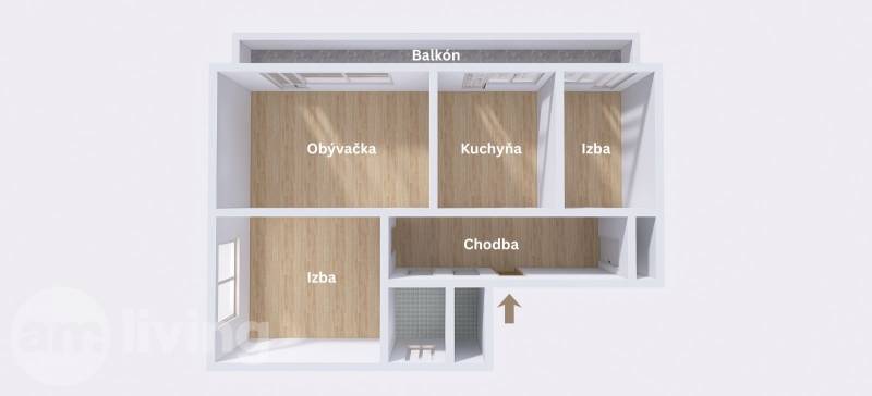 Floor plan of a 3-room apartment with a balcony and wooden decor flooring.