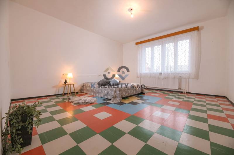 A room in a family house with a colorful floor, a bed, and a plant.
