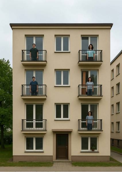 People on small balconies of a building in Prievidza, Hotels and guesthouses.