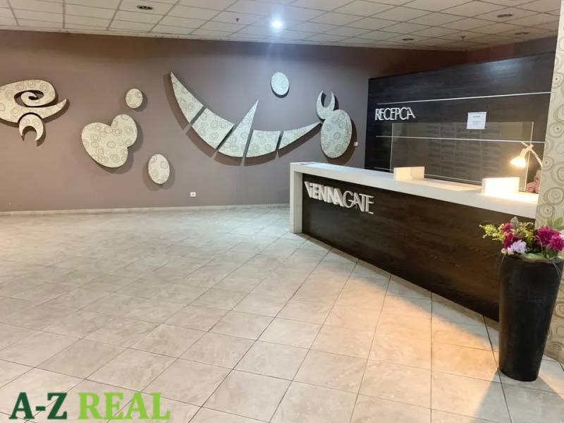 Reception desk with a dark counter and decorative walls in a 3-room apartment.