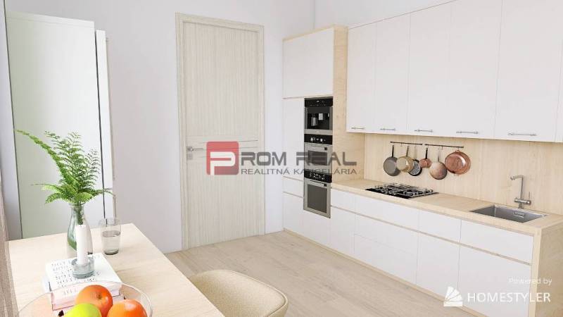 A bright kitchen in a 3-room apartment with a wood-patterned floor and modern furniture.
