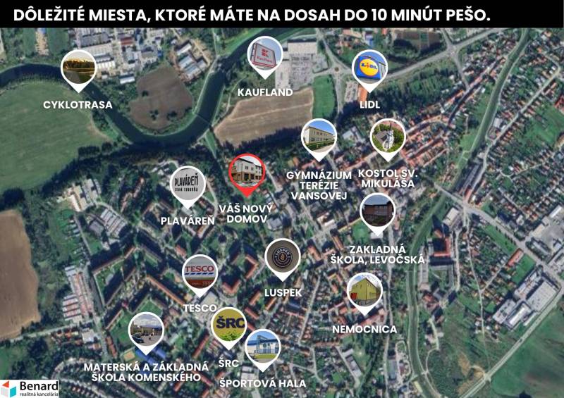 The map shows important places near a 3-room apartment in Stará Ľubovňa.