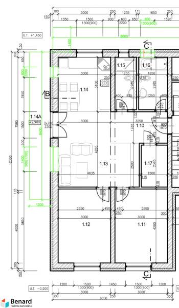 Floor plan of a 3-room apartment with furniture layout and room dimensions.