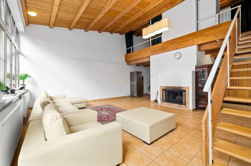 Living room in a family house with a fireplace, white sofa, and wooden ceiling.