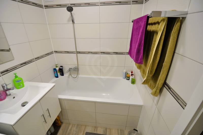A bathroom in a 2-room apartment with a shower, bathtub, and a floor with a wooden decor.