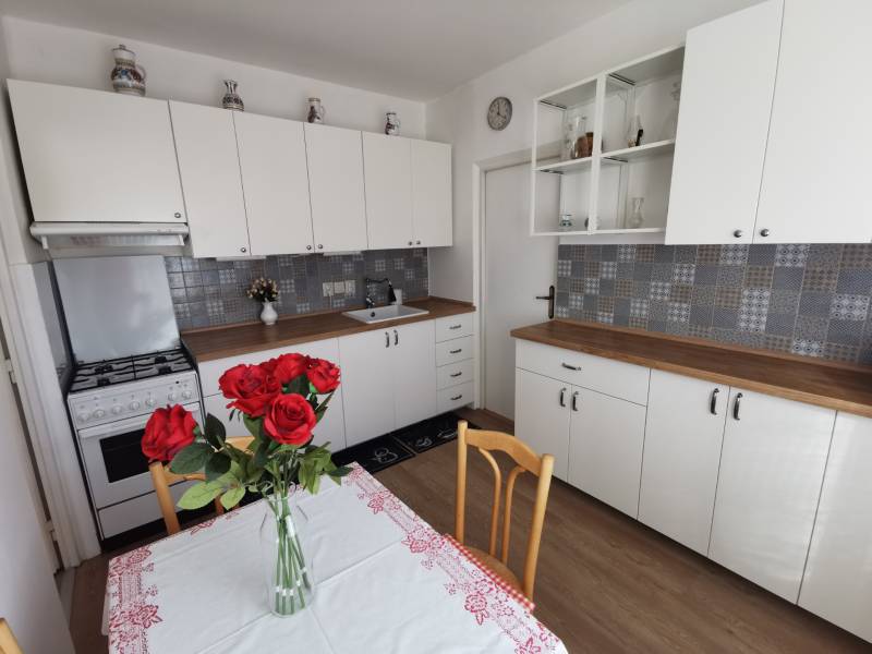 A kitchen in a 2-room apartment with white cabinets, patterned tiles, and a table with roses.