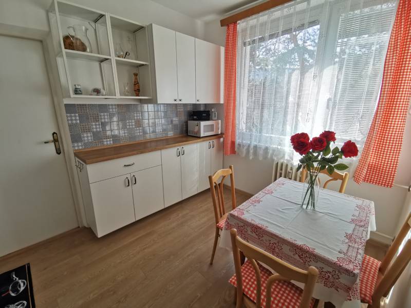 A kitchen in a 2-room apartment with a wooden decor floor and red curtains.