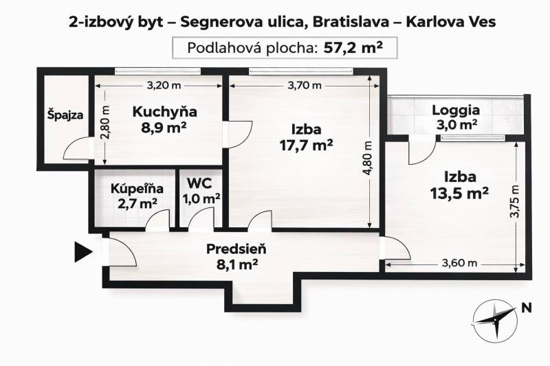Floor plan of a 2-room apartment on Segnerova Street in Bratislava, Karlova Ves.